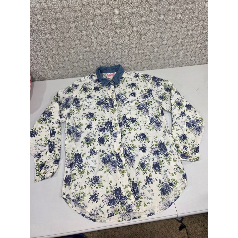 Penny Lane Womens Floral Print Shirt Dress Blue Denim Collar‎ Medium Blouse
